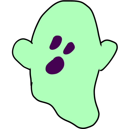 a pale green ghost with dark purple eyes and mouth